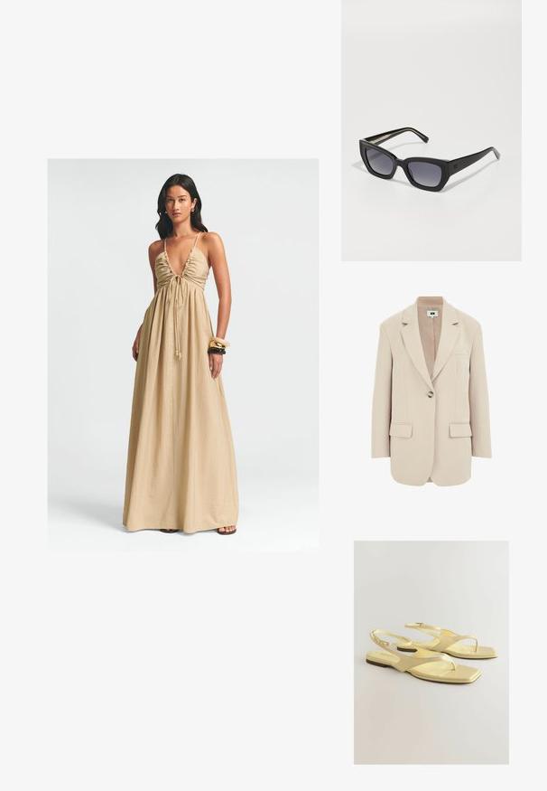 Beige blazer med en struktureret pasform, smal krave, enkelt knaplukning, to forlommer og et glat, tekstureret stof.; Maxi kjole i beige med dyb V-hals, samlet liv med snøre og flydende stof. Glat tekstur og minimal dekoration.; Gule flade sandaler med en struktureret kunstlæderoverdel, tåpostdesign og ankelstrop med en lille spænde. Firkanthælt form, minimalistisk stil.; Sorte katteøje-solbriller med gradientlinser, tykke stel og lige arme. Har et diskret logo på stængerne.; Gul plisseret håndtaske lavet af glat kunstlæder, med en blød form, en enkelt skulderrem og samlet topdesign.