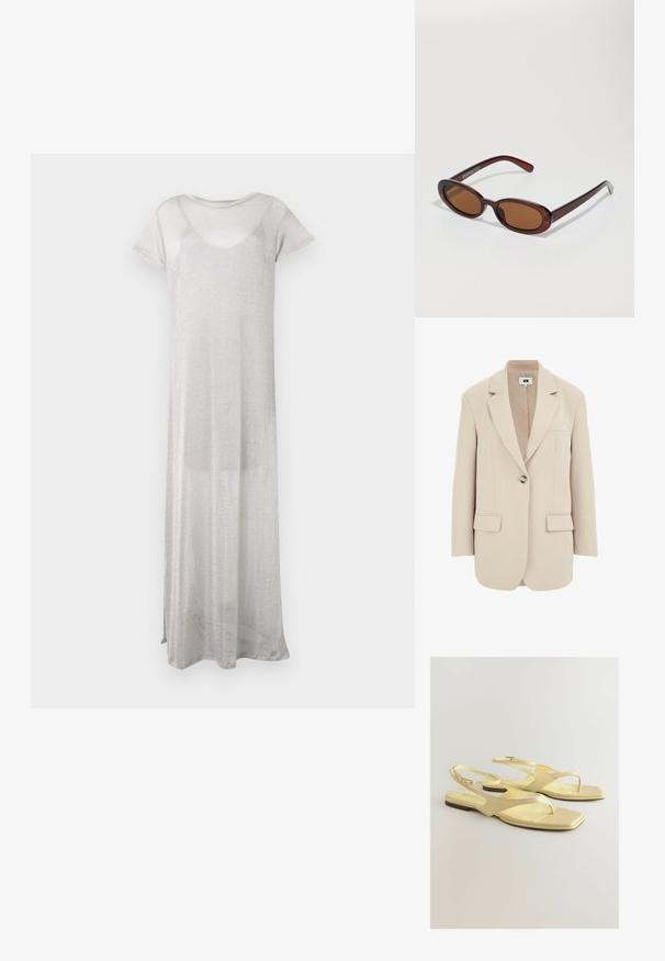 Beige blejzr se strukturovaným střihem, klopami, zapínáním na jeden knoflík, dvěma předními kapsami a hladkým, texturovaným materiálem.; Dlouhé stříbrné šaty vyrobené z průhledné, lehké látky. Mají krátké rukávy a zaoblený výstřih. Jednoduchý, volný design bez vzorů.; Žluté ploché sandály s texturovaným svrškem z umělé kůže, designem mezi prsty a páskem kolem kotníku s malou sponou. Čtveratý tvar špičky, minimalistický styl.; Kulaté sluneční brýle hnědé barvy s lesklým burgundským rámem. Úzké nožičky s jemným logem. Rovné čočky.