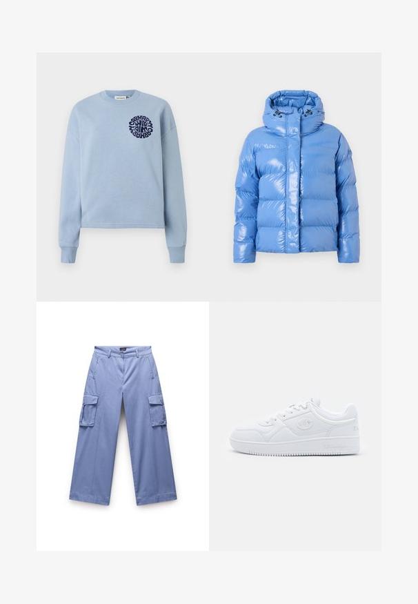 Padded blue puffer jacket with a shiny finish, high collar, and adjustable drawstring hood. Features ribbed cuffs and a front zipper.; Light blue cotton sweatshirt with long sleeves and a crew neck. Features a navy circular graphic design on the left chest. Soft texture.; Light blue cargo pants made of a smooth fabric. Features dual side pockets, a relaxed fit, and straight-leg design with stitched detailing.; White sneaker made of smooth synthetic material, featuring round toe, flat sole, and subtle logo accents on the sides. Classic low-top design.