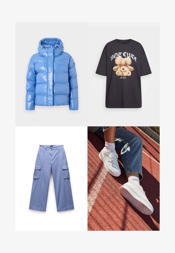 Padded blue puffer jacket with a shiny finish, high collar, and adjustable drawstring hood. Features ribbed cuffs and a front zipper.; Black oversized t-shirt featuring a graphic of a bear with the text “NOT CUTE BUT WILD” in bold, white lettering. Cotton material.; Light blue cargo pants made of a smooth fabric. Features dual side pockets, a relaxed fit, and straight-leg design with stitched detailing.; White leather sneakers with perforated toe, flat laces, and rubber sole. Worn with white socks and light blue jeans, on a red running track.