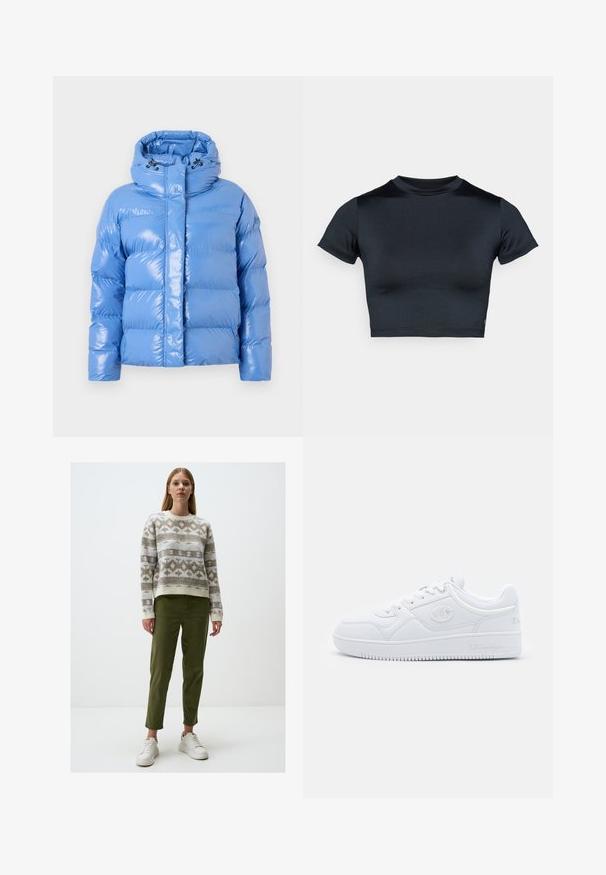 Padded blue puffer jacket with a shiny finish, high collar, and adjustable drawstring hood. Features ribbed cuffs and a front zipper.; Short-sleeve cropped top in dark navy, made of smooth, stretch fabric. Features a round neckline and minimal stitching details. No logos visible.; Knitted sweater with geometric patterns in beige and light blue, paired with olive green tapered pants and white sneakers.; White sneaker made of smooth synthetic material, featuring round toe, flat sole, and subtle logo accents on the sides. Classic low-top design.