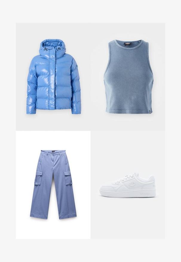 Vaatimuksena sininen topattu puff jacket, joka on kiiltäväpintainen, korkeakauluksinen ja säädettävällä nyöripäällä. Varustettu röyhelöraidoilla ja edessä olevan vetoketjun kanssa.; Vaaleansininen ribatetyt crop-top, jossa on pyöreä kaula-aukko ja hihattomuus. Pehmeä pinta ja pieni logo-tyyppitys helmaosassa.; Vaaleansiniset cargo-housut, jotka on valmistettu sileästä kankaasta. Sisältää kaksinkertaiset sivutaskut, rento leikkaus ja suorat lahkeet, joissa on ommeltuja yksityiskohtia.; Valkoinen lenkkari, joka on valmistettu sileästä synteettisestä materiaalista, jossa on pyöreä kärki, litteä pohja ja hienovaraiset logo-aksentit sivuilla. Klassinen matalavartinen muotoilu.