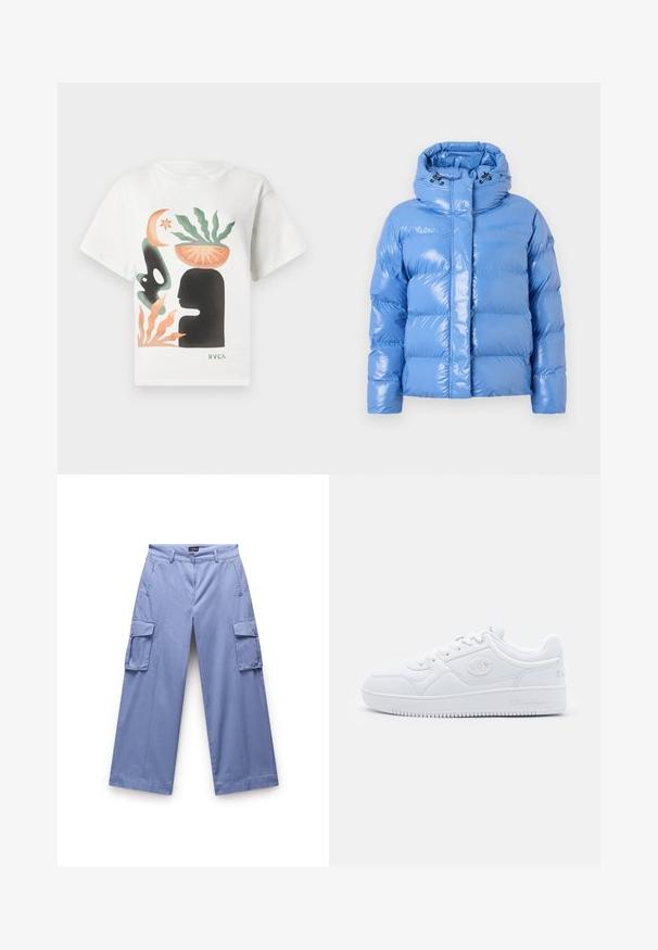 Gevoerde blauwe pufferjack met een glanzende afwerking, hoge kraag en verstelbare trekkoordcapuchon. Voorzien van ribgebreide manchetten en een rits aan de voorkant.; Witte t-shirt met abstracte kunst van een zwarte silhouet hoofd, groene plant in een oranje kom op het hoofd, oranje en groene vormen, en het "RVCA" logo.; Lichtblauwe cargobroek gemaakt van een gladde stof. Beschikt over dubbele zijzakken, een relaxte pasvorm en een recht gesneden ontwerp met gestikte details.; Witte sneaker van glad synthetisch materiaal, met ronde neus, platte zool en subtiele logo-accenten aan de zijkanten. Klassiek laag ontwerp.