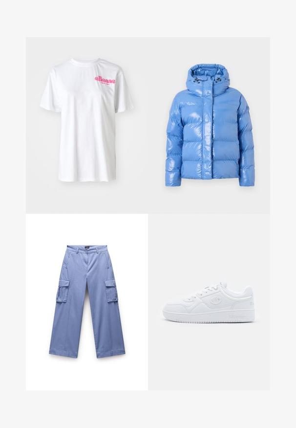 Küpsetatud sinine puhvri jope läikiva viimistlusega, kõrge kaelusega ja reguleeritava nööriga kapuutsiga. Omab soonikuga mansette ja esist täispika lukuga.; Valge puuvillane T-särk lühikeste varrukatega, mille rinnal on roosa "ellesse" logo. Klassikaline ümara kaelusega disain.; Heledad sinine cargo püksid siledast kangast. Omavad kahte küljetaskut, lõdva istuvuse ja sirge jala disaini koos õmbluste detailidega.; Valged tennisjalatsid, mis on valmistatud siledast sünteetilisest materjalist, ümarate varvastega, tasase talla ja peente logo aktsentidega külgedel. Klassikaline madala varbaga disain.