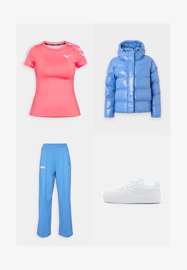 Gevoerde blauwe pufferjack met een glanzende afwerking, hoge kraag en verstelbare trekkoordcapuchon. Voorzien van ribgebreide manchetten en een rits aan de voorkant.; Roze sportshirt gemaakt van gladde, ademende stof. Heeft korte mouwen, een ronde hals en een wit logo op de borst en mouwen.; Blauwe joggingbroek met een elastische tailleband, rechte pijpen, zijzakken en een logopatch op de linker bovenbeen. Glad, zacht stoftextuur.; Witte sneaker van glad synthetisch materiaal, met ronde neus, platte zool en subtiele logo-accenten aan de zijkanten. Klassiek laag ontwerp.
