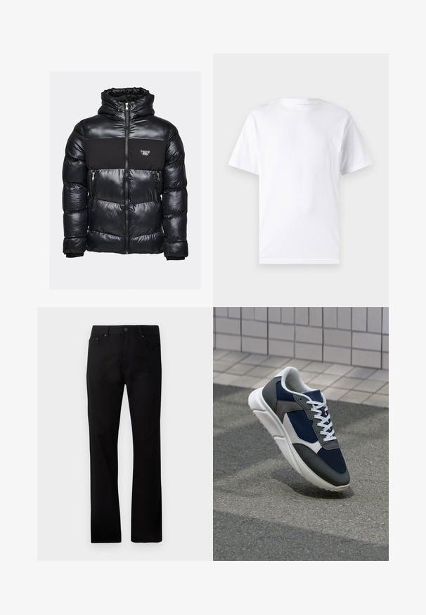 Musta puhvijakku kiiltävällä pinnalla, jossa on kiinteä musta paneeli ja vetoketjulliset taskut. Mukana naruilla säädettävä huppu ja logopatchi.; Valkoinen lyhythihainen t-paita, joka on valmistettu puuvillasta, ja siinä on pyöreä kaula-aukko. T-paidassa on sileä pinta ja yksinkertainen muotoilu ilman kuvioita tai koristeita.; Mustat suorat farkut, valmistettu denimistä, etuläpällä, kahdella sivutaskulla ja sileällä pinnalla.; Kengät, joissa on tummansininen verkkopäällinen, harmaat mokka-yksityiskohdat, valkoinen kumipohja ja litteät valkoiset nauhat, suunniteltu mukavuutta ja hengittävyyttä varten.