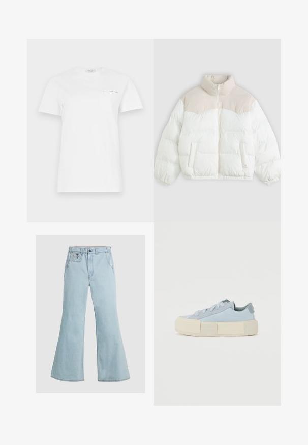 Magas nyakú, bélelt kabát, krémszínű felső résszel és fehér testtel, steppelt textúrával, elülső zsebekkel és rugalmas mandzsettákkal.; Fehér pamut póló kerek nyakkal, rövid ujjakkal és egy bal oldali zsebbel. A mellkason egy kis fekete felirat található: "REPLAY EST 1981."; Világoskék, harangszárú farmerek, melyek denim anyagból készültek, magas derékkal, gombos záródással és elülső zsebekkel rendelkeznek. Simaság jellemzi, minimalista varrás részletekkel.; Világoskék vászon sportcipők vastag, krémszínű gumitalppal, lekerekített fűzőkkel, sima textúrájú dizájnnal és apró kiegészítőkkel.