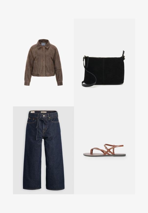 Pruun sametist lühike jakk, millel on krae, esi tõmbluku ja küljetaskud. Omab struktureeritud disaini, kogutud vöökohta ja elastseid mansette.; Valge pika varrukaga nööbitav särk, millel on krae ning volangkäised, esitatud heledal hallil taustal.; Tumedat sinised laiad denim püksid paelaga vööl, ees olevate taskute ja kontrastsete oranžide õmbluse detailidega.; Pruunist nahast lamedad sandaalid, millel on ristuvad rihmad, avatud varvaste disain ja kinnitatav pahkluu rihm. Sujuv tekstuur ja minimalistlik stiil.; Must mustast kott, millel on lukuga sulgemine, lame ristkülikukujuline disain ja eemaldatav rihm mitmekesisuse jaoks. Sile tekstuur, minimalistlik stiil.