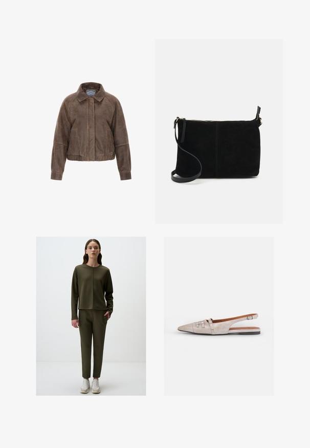 Braune Wildleder-Cropped-Jacke mit einem Kragen, Frontreißverschluss und Seitentaschen. Hat ein strukturiertes Design mit geraffter Taille und elastischen Bündchen.; Weißes Langarm-Hemd mit Kragen und Rüschendetails an den Manschetten, präsentiert vor einem schlichten, hellgrauen Hintergrund.; Olivgrüner Pullover mit langen Ärmeln und einer Naht vorne, kombiniert mit passenden, schmal geschnittenen Hosen. Beides aus glattem, elastischem Stoff; Sneakers inklusive.; Helle beige Slingback-Schuh mit spitzer Zehenpartie, weich samtiger Textur, ausgestattet mit zwei dekorativen Schnallen und einem niedrigen, flachen Absatz.; Schwarze Wildleder-Crossbody-Tasche mit einem Reißverschluss, flachem rechteckigem Design und einem abnehmbaren Schultergurt für Vielseitigkeit. Glatte Textur, minimalistischer Stil.