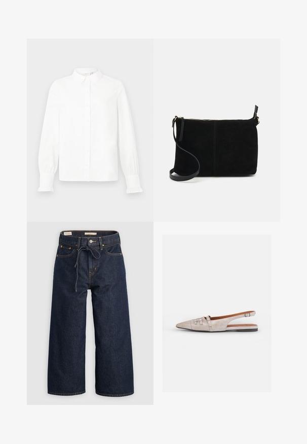 Giacca corta in suede marrone con colletto, zip frontale e tasche laterali. Presenta un design strutturato con vita arricciata e polsini elastici.; Camicia bianca a maniche lunghe con colletto e polsini arricciati, presentata su uno sfondo grigio chiaro uniforme.; Jeans in denim blu scuro a gamba larga con coulisse in vita, tasche frontali e dettagli di cucitura arancione a contrasto.; Scarpa slingback beige chiaro con punta allungata, una morbida texture in suede, dotata di due fibbie decorative e un tacco basso e piatto.; Borsa a tracolla in suede nero con chiusura a zip, design rettangolare piatto e tracolla rimovibile per una maggiore versatilità. Texture liscia, stile minimalista.