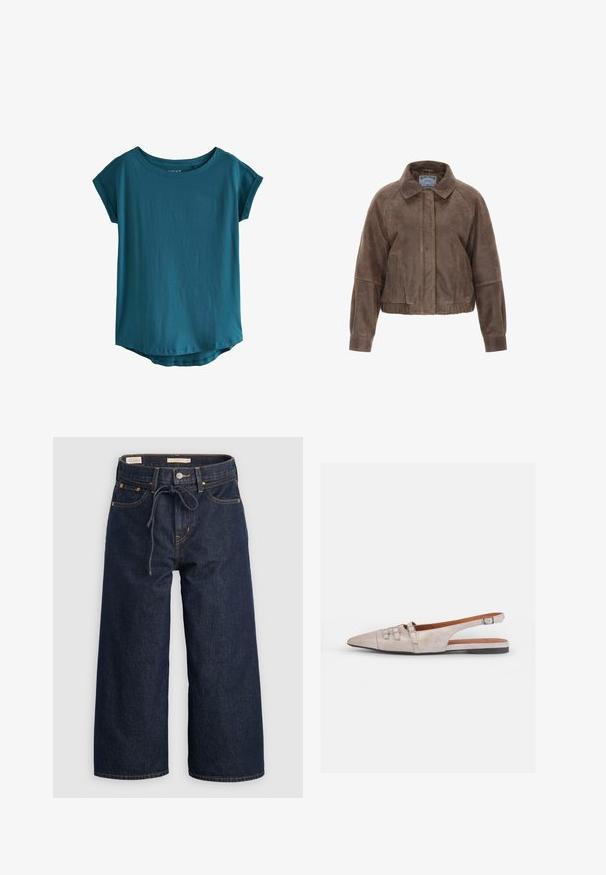 Jachetă scurtă din suede maro cu guler, fermoar frontal și buzunare laterale. Caracteristici un design structurat cu talie gathered și manșete elastice.; Tricou scurt cu mânecă albă, dintr-un material moale și neted. Prezintă un decolteu rotund larg și un tiv ușor curbat. Design simplu și fără ornamente.; Jeans din denim de culoare albastru închis, cu croială largă, bandă elastică cu șnur la talie, buzunare frontale și detalii de cusătură portocalie contrastantă.; Pantof light beige de tip slingback, cu vârf ascuțit, textură moale de suede, având două catarame decorative și un toc jos, plat.