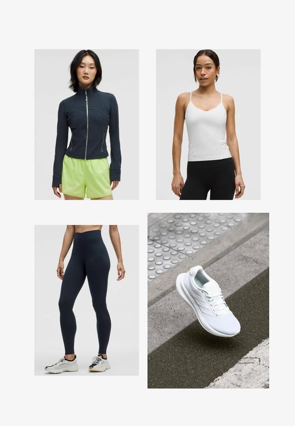 Marineblaues Zip-Jackett mit hohem Kragen. Glattes, dehnbares Material mit geschwungenen Nähten und zwei seitlichen Reißverschlüssen. Kombiniert mit leuchtend limettengrünen Shorts.; Weißes Camisole-Top mit dünnen Trägern, V-Ausschnitt und figurbetonter Silhouette. Glatte Textur, minimalistische Details, kombiniert mit schwarzen Leggings.; Hochbundige marineblaue Leggings aus dehnbarem Stoff, mit einer glatten Textur und einer enganliegenden Passform. Kombiniert mit weißen und schwarzen Sportschuhen.; Weiße Sportschuhe mit einem Obermaterial aus Mesh, Schnürdesign und strukturiertem Sohlen. Dezente Branding- und nahtlose Konstruktionsdetails sichtbar.