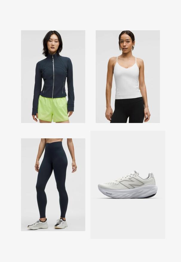 Veste zippée marine avec un col haut. Tissu lisse et extensible avec des coutures en courbe et deux zips latéraux. Associée à un short vert lime vif.; Débardeur blanc avec de fines bretelles, design en V, et silhouette ajustée. Texture lisse, détails minimaux, porté avec des leggings noirs.; Leggings taille haute bleu marine en tissu extensible, dotés d'une texture lisse et d'un design ajusté. Portés avec des chaussures de sport blanches et noires.; Baskets de sport blanches avec une tige en mesh, dotées d'un col rembourré, d'une semelle texturée et du marquage "Fresh Foam" sur la semelle intermédiaire.