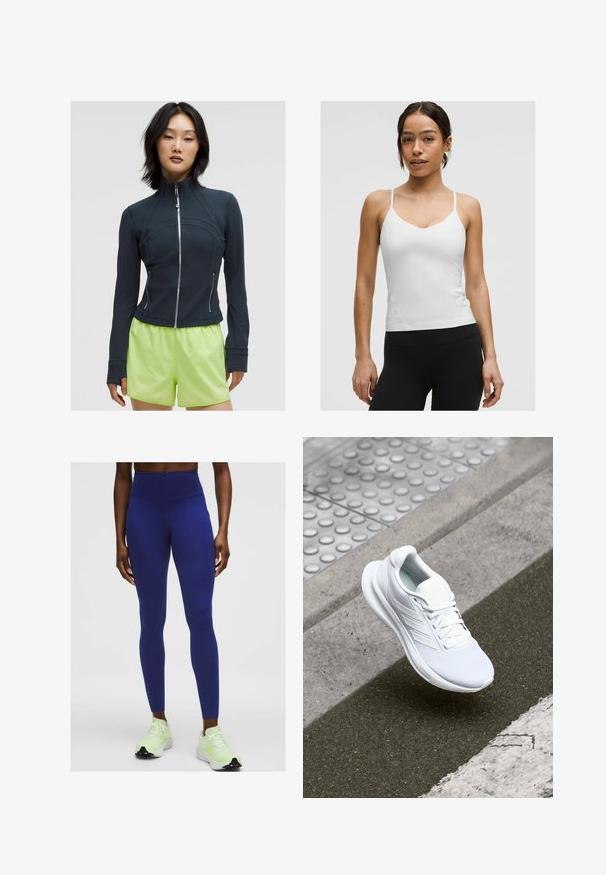 Námornícky zapínací sveter s vysokým golierom. Hladká, elastická tkanina s oblými švami a dvoma bočnými zipsami. V kombinácii s jasne limetkovými šortkami.; Biely top s tenkými ramienkami, dizajnom do V, a priliehavým strihom. Hladká textúra, minimálne detaily, nosený s čiernymi legínami.; Osoba v šortkách s vysokým pásom, tmavomodrými legínami a behacími topánkami v krémovej farbe s neonovo zelenými akcentmi, stojaca na pozadí bez vzoru.; Biele športové topánky s vrchnou časťou z sieťoviny, šnurovacia konštrukcia a textúrovaná podrážka. Zosilnené značkovanie a čisté detaily konštrukcie sú viditeľné.