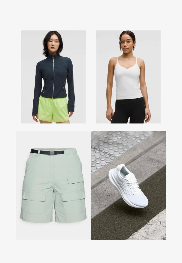 Tamsiai mėlynas zip-up džemperis su aukštu apykakle. Lygus, tamprus audinys su išlenktomis siūlėmis ir dviem šoniniais užtrauktukais. Derinamas su ryškiais limeto žalios spalvos šortais.; Balta kamščių palaidinė su plonais petnešomis, V formos iškirpte ir prigludusia siluetu. Lygus tekstūra, minimalus detalizavimas, dėvima su juodomis tampriomis kelnių.; Šviesiai žali cargo šortai, pagaminti iš lengvos medžiagos, su juodu diržu, keturiais dideliais kišeniais ir laisvu siluetu.; Baltas sportinis batelis su tinklinio audiniu, raišteliais ir tekstūruotu padu. Diskretiška prekės ženklų simbolika ir be siūlių konstrukcijos detalės matomos.