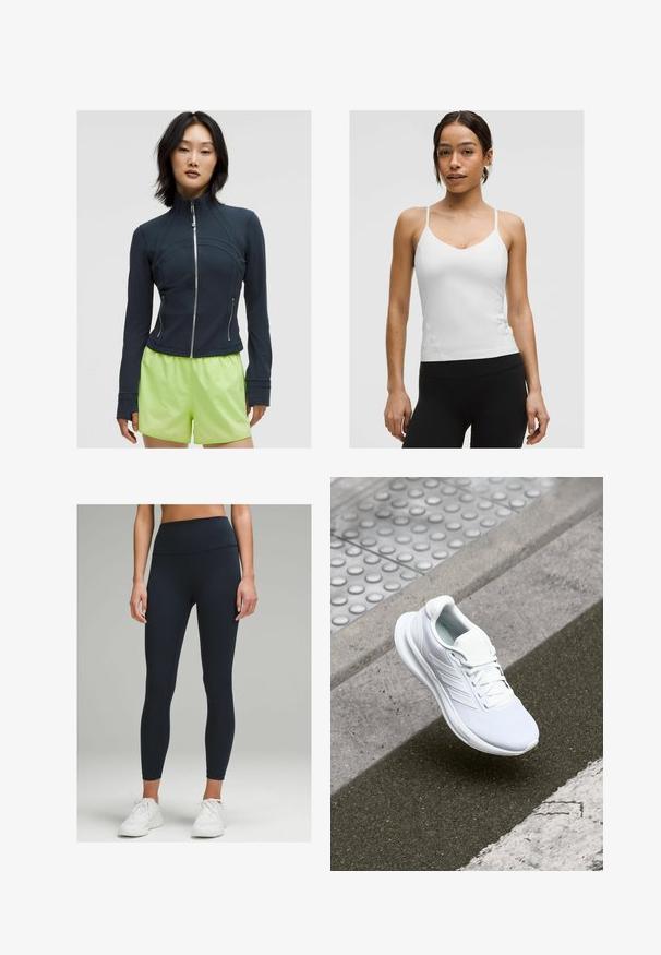 Giacca a zip color navy con colletto alto. Tessuto morbido e elastico con cuciture curve e due zip laterali. Abbinata a pantaloni corti di un brillante verde lime.; Top bianco in satin con spalline sottili, scollatura a V e silhouette aderente. Texture liscia, dettagli minimi, indossato con leggings neri.; Leggings a vita alta, aderenti, di colore blu navy scuro, realizzati in tessuto elastico. Presentano una texture liscia e nessun motivo o dettaglio visibile.; Scarpa sportiva bianca con tomaia in mesh, design con lacci e suola testurizzata. Dettagli di branding sottili e costruzione senza cuciture visibili.