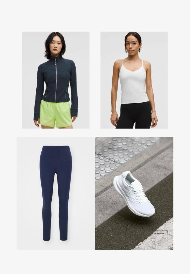 Giacca a zip color navy con colletto alto. Tessuto morbido e elastico con cuciture curve e due zip laterali. Abbinata a pantaloni corti di un brillante verde lime.; Top bianco in satin con spalline sottili, scollatura a V e silhouette aderente. Texture liscia, dettagli minimi, indossato con leggings neri.; Leggings blu navy realizzati in tessuto elastico con una vita alta, progettati per il comfort e una silhouette aderente. Texture liscia, senza motivi visibili.; Scarpa sportiva bianca con tomaia in mesh, design con lacci e suola testurizzata. Dettagli di branding sottili e costruzione senza cuciture visibili.
