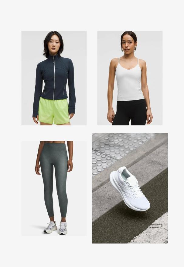 Námornícky zapínací sveter s vysokým golierom. Hladká, elastická tkanina s oblými švami a dvoma bočnými zipsami. V kombinácii s jasne limetkovými šortkami.; Biely top s tenkými ramienkami, dizajnom do V, a priliehavým strihom. Hladká textúra, minimálne detaily, nosený s čiernymi legínami.; Legíny s vysokým pásom v tlmenezelenej farbe, vyrobené z hladkého a elastického materiálu s bočnými švami a priliehavým strihom.; Biele športové topánky s vrchnou časťou z sieťoviny, šnurovacia konštrukcia a textúrovaná podrážka. Zosilnené značkovanie a čisté detaily konštrukcie sú viditeľné.