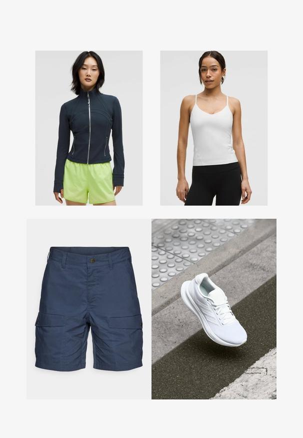 Jūras spēku zips jaka ar augstu apkakli. Gluda, elastīga auduma ar izliektiem šuvēm un diviem sānu rāvējslēdzējiem. Saskaņota ar spilgti laima zaļām šortiem.; Balta camisole blūze ar plānām siksnām, V veida izgriezums un pieguļošs siluets. Gluda tekstūra, minimālas detaļas, valkāta ar melnām legingām.; Mara zila kravas šorti, kas izgatavoti no viegla auduma, ar divām sānu kabatām, pogu aizdari un brīvā piegriezumā.; Balta sporta apava, kas izgatavota no acu materiāla, ar sasaistes dizainu un teksturētu zoli. Redzamas smalkas zīmola detaļas un bezšuvju konstrukcija.