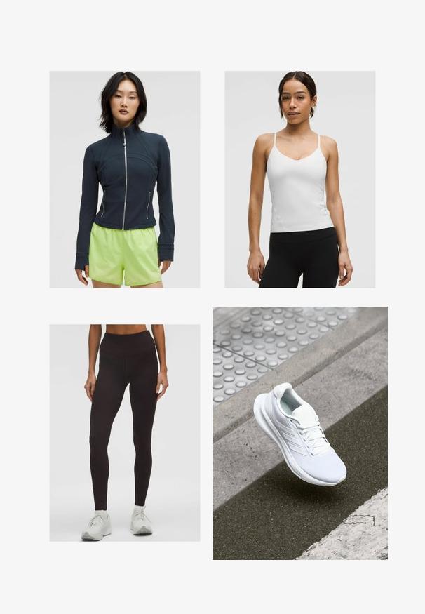 Marineblaues Zip-Jackett mit hohem Kragen. Glattes, dehnbares Material mit geschwungenen Nähten und zwei seitlichen Reißverschlüssen. Kombiniert mit leuchtend limettengrünen Shorts.; Weißes Camisole-Top mit dünnen Trägern, V-Ausschnitt und figurbetonter Silhouette. Glatte Textur, minimalistische Details, kombiniert mit schwarzen Leggings.; Hoch taillierte schwarze Leggings aus dehnbarem Stoff, mit glatter Textur und figurbetontem Schnitt. Kombiniert mit weißen Sportschuhen.; Weiße Sportschuhe mit einem Obermaterial aus Mesh, Schnürdesign und strukturiertem Sohlen. Dezente Branding- und nahtlose Konstruktionsdetails sichtbar.