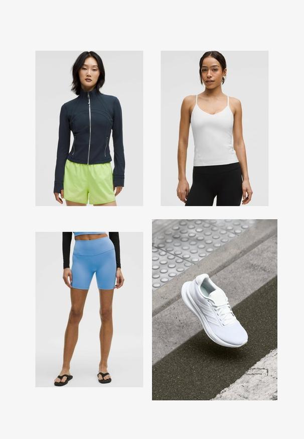 Marineblaues Zip-Jackett mit hohem Kragen. Glattes, dehnbares Material mit geschwungenen Nähten und zwei seitlichen Reißverschlüssen. Kombiniert mit leuchtend limettengrünen Shorts.; Weißes Camisole-Top mit dünnen Trägern, V-Ausschnitt und figurbetonter Silhouette. Glatte Textur, minimalistische Details, kombiniert mit schwarzen Leggings.; Hellblaue Sportshorts aus glattem, elastischem Material. Mit hoher Taille und figurbetontem Schnitt, kombiniert mit schwarzen Flip-Flops.; Weiße Sportschuhe mit einem Obermaterial aus Mesh, Schnürdesign und strukturiertem Sohlen. Dezente Branding- und nahtlose Konstruktionsdetails sichtbar.