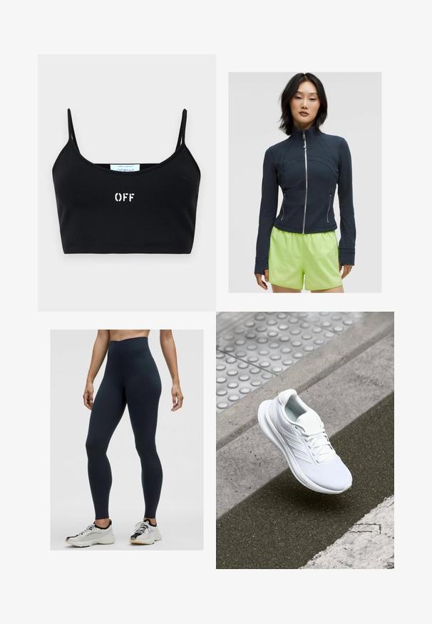 Jachetă navy cu fermoar și guler înalt. Material neted și elastic, cu cusături curbe și două fermoare laterale. Asortată cu șorturi strălucitor verde lime.; Top scurt negru cu bretele subțiri, realizat dintr-un material neted. Prezintă logo-ul alb "OFF" pe partea din față, cu un design minimalist și fără accente suplimentare.; Leggings ergonomice de culoare bleumarin, cu talie înaltă, realizate dintr-un material elastic, cu o textură netedă și un design ajustat. Acestea sunt asociate cu încălțăminte sport albă și neagră.; Pantofii sport albi au un material superior din plasă, design cu șireturi și o talpă texturată. Detalii discrete de branding și o construcție fără cusături sunt vizibile.