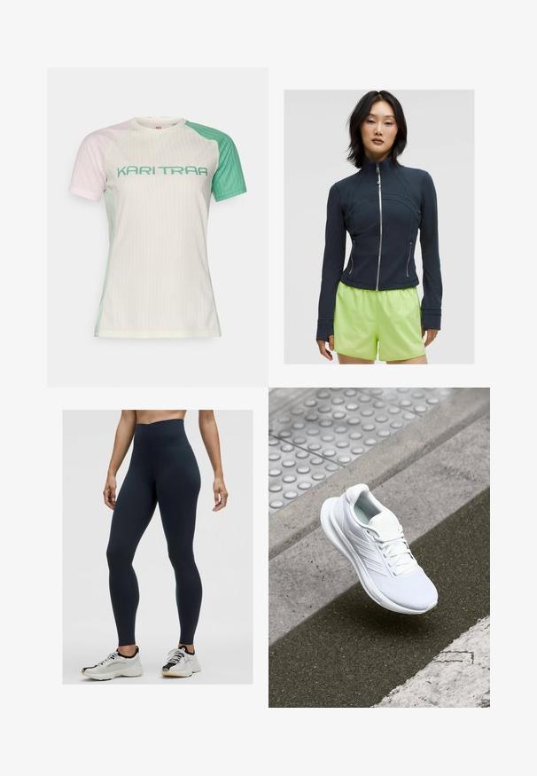 Jūras spēku zips jaka ar augstu apkakli. Gluda, elastīga auduma ar izliektiem šuvēm un diviem sānu rāvējslēdzējiem. Saskaņota ar spilgti laima zaļām šortiem.; Īsām piedurknēm sporta krekls ar ribotu tekstūru. Krāsas ietver gaiši rozā, zaļu un baltu. Atšķiras ar drosmīgu "KARI TRAA" uzrakstu tirkīza krāsā.; Augstas jostas līnijas tumši zili legingi, izgatavoti no elastīga auduma, ar gludu tekstūru un piegulošu dizainu. Valkāšanai kombinēti ar baltām un melnām sporta apaviem.; Balta sporta apava, kas izgatavota no acu materiāla, ar sasaistes dizainu un teksturētu zoli. Redzamas smalkas zīmola detaļas un bezšuvju konstrukcija.