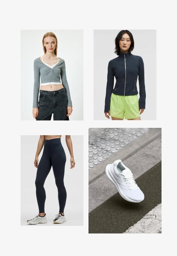 Navy zip-up jacket with a high collar. Smooth, stretchy fabric with curved seams and two side zippers. Paired with bright lime green shorts.; Gray cropped long-sleeve top with a V-neck, featuring three buttons at the front. Paired with dark high-waisted pants. White tank visible underneath.; High-waisted navy leggings made from stretchy fabric, featuring a smooth texture and a fitted design. Worn with white and black athletic shoes.; White athletic shoe featuring a mesh upper, lace-up design, and textured sole. Subtle branding and seamless construction details visible.
