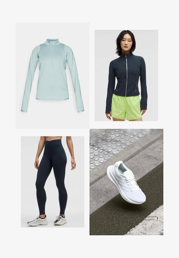 Tumed zip-up jakk, millel on kõrge krae. Sile ja veniv kangas, millel on kummargused õmblused ja kaks külgzipperit. Ühendatud erksa laimirohelise lühikeste pükstega.; Heledsinine pika varrukaga pullover, millel on pooltalje esi, tekstuuriga kangas, siledad aktsendid ja "Columbia" logo rinnal ning varrukal.; Kõrgema vöökohaga tumesinised legginsid, mis on valmistatud venivast kangast, omavad siledat tekstuuri ja liibuvat disaini. Kantud valgete ja mustade spordijalatsitega.; Valge sportlik king, millel on pehme võrkkangast pealis, nööriga kinnitus ja tekstureeritud tallad. Õrnad brändimistooted ja sujuvad konstruktsioonid on nähtavad.