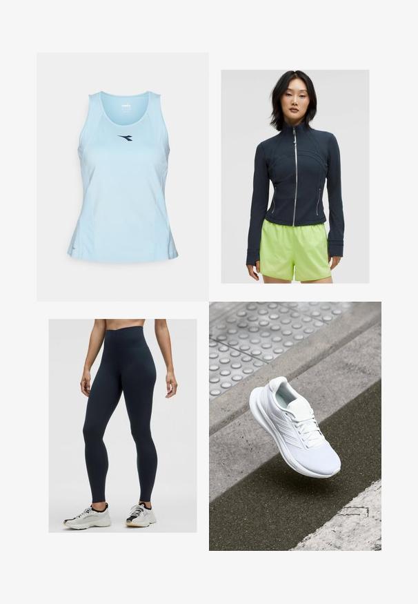 Tamsiai mėlynas zip-up džemperis su aukštu apykakle. Lygus, tamprus audinys su išlenktomis siūlėmis ir dviem šoniniais užtrauktukais. Derinamas su ryškiais limeto žalios spalvos šortais.; Šviesiai mėlynas sportinis marškinėlis, pagamintas iš lygios medžiagos, su suapvalintu iškirpimu ir tamsiai mėlynu logotipu ant krūtinės.; Aukštos juosmens tamsiai mėlynos leggingos, pagamintos iš tamprios medžiagos, su lygiu paviršiumi ir prigludusia forma. Dėvimos kartu su baltomis ir juodomis sportinėmis bateliais.; Baltas sportinis batelis su tinklinio audiniu, raišteliais ir tekstūruotu padu. Diskretiška prekės ženklų simbolika ir be siūlių konstrukcijos detalės matomos.