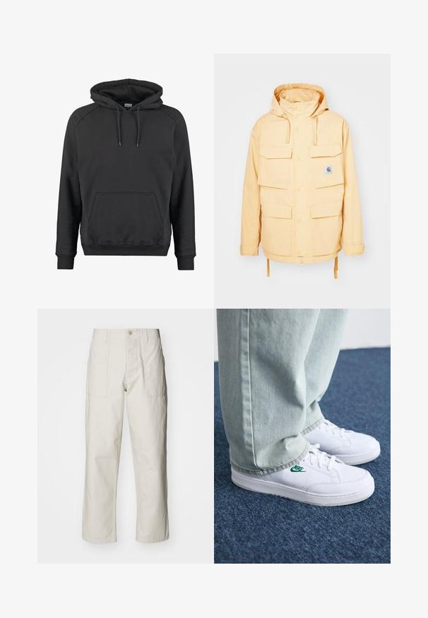 Rumena vodoodporna jakna s kapuco, več sprednjih žepov, nastavljivimi zapenjali in svetlobnim robom. Narejena iz trpežnega materiala.; Črna kapuca s kapuco, narejena iz mehkega blaga, z kenguru žepom, rebrastimi manšetami in nastavljivimi vrvicami na kapuci.; Svetlo bež široke hlače iz bombaža. Imajo sprednje žepe in gumbasto zapiranje. Gladka tekstura z subtilnimi navpičnimi črtami.; Bela usnjena športna obutev z zelenim Nike logotipom, okrogla konica, ravna podplat, v kombinaciji z svetlo modrimi kavbojkami, prikazana na modrem preprogu.
