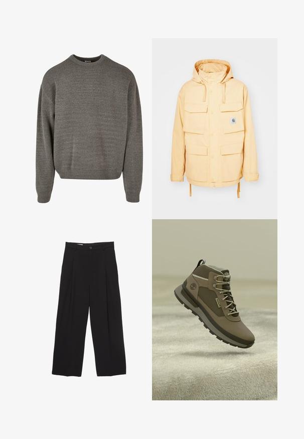 Giacca impermeabile gialla con cappuccio, multiple tasche frontali, chiusure a scatto e orlo con cordino. Realizzata in tessuto resistente.; Maglione grigio a maglia con colletto rotondo, maniche lunghe e polsini e orlo a coste. Il tessuto è morbido e testurizzato, con sottili variazioni.; Pantaloni neri a gamba larga realizzati in tessuto morbido, con vita piatta, pinces frontali e chiusura con un bottone.; Scarpe da trekking marroni con una parte superiore testurizzata, caratterizzate da accenti grigi, lacci resistenti e una suola in gomma con un battistrada a motivo per migliorare la trazione.