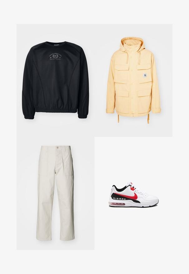 Giacca impermeabile gialla con cappuccio, multiple tasche frontali, chiusure a scatto e orlo con cordino. Realizzata in tessuto resistente.; Felpa nera con collo rotondo, polsini e orlo ribattuti. Presenta una stampa grafica delicata sul petto e un tessuto liscio, leggermente texturizzato.; Pantaloni a gamba larga beige chiaro in cotone. Presentano tasche frontali e chiusura con bottone. Tessuto liscio con sottili linee verticali.; Scarpa sportiva bianca con accenti neri e rossi, caratterizzata da una tomaia in pelle liscia, chiusura con lacci e ammortizzazione d'aria visibile nella suola.