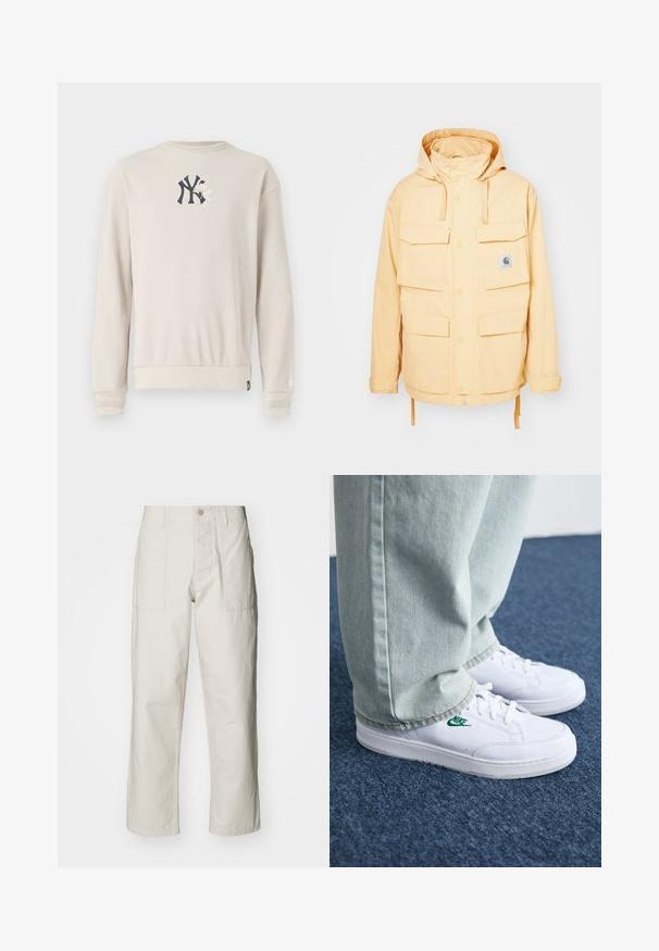 Yellow waterproof jacket with a hood, multiple front pockets, snap closures, and a drawstring hem. Made from durable fabric.; Beige ribbed sweatshirt featuring a navy logo on the chest, round neck, and banded cuffs. Smooth texture with a relaxed fit design.; Light beige wide-leg pants made of cotton. Features front pockets and a button closure. Smooth texture with subtle vertical lines.; White leather sneakers with green Nike logo, round toe, flat sole, paired with light blue denim pants, shown on a blue carpet.