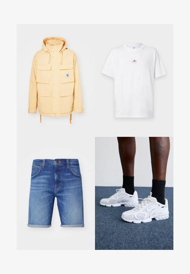 Geltona vandeniui atspari striukė su kapišonu, keliomis priekinėmis kišenėmis, spaudėmis ir užtraukiama apačia. Pagaminta iš tvirto audinio.; Balti medvilniniai marškinėliai su apvalia iškirpte ir trumpomis rankovėmis. Ant krūtinės yra mažas rudos ir baltos spalvos logotipo lopelis.; Šviesiai mėlynos džinsinės šortai su nusidėvėjusia danga, su sulankstytais kraštais, penkiomis kišenėmis ir ženklo metaliniu mygtuku juosmens srityje.; Baltos sportiniai bateliai su tinkline viršutine dalimi, tekstūruotais akcentais ir paminkštintu padu. Puikiai derančios su juodomis klasikinių kojinių iki kulkšnies ant mėlynos kiliminės dangos.