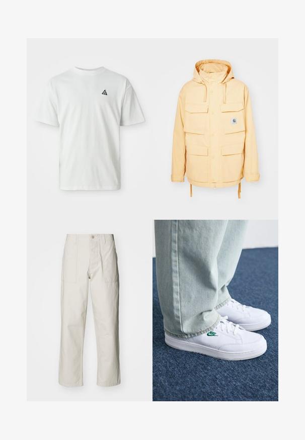 Yellow waterproof jacket with a hood, multiple front pockets, snap closures, and a drawstring hem. Made from durable fabric.; White short-sleeve T-shirt with a small black triangle logo containing "acg" on the left chest, plain background.; Light beige wide-leg pants made of cotton. Features front pockets and a button closure. Smooth texture with subtle vertical lines.; White leather sneakers with green Nike logo, round toe, flat sole, paired with light blue denim pants, shown on a blue carpet.