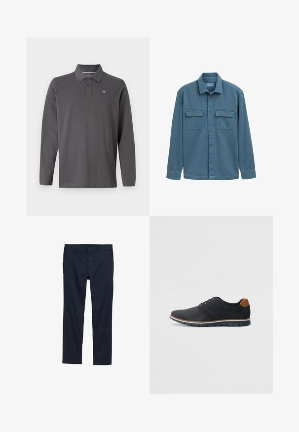 Camicia blu a maniche lunghe realizzata in tessuto leggero, con due tasche sul petto, chiusura con bottoni e colletto. Texture liscia con una vestibilità comoda.; Polo a maniche lunghe in cotone grigio scuro, con colletto, pattina con tre bottoni e un piccolo logo sul lato sinistro del petto.; Pantaloni leggeri blu navy con texture morbida, design a gamba dritta, chiusura con bottone e tasche laterali.; Scarpe sintetiche nere con tomaia testurizzata, dettagli lisci, tacco marrone e suola a contrasto. Presentano una lacerazione minimale e dettagli di cucitura.