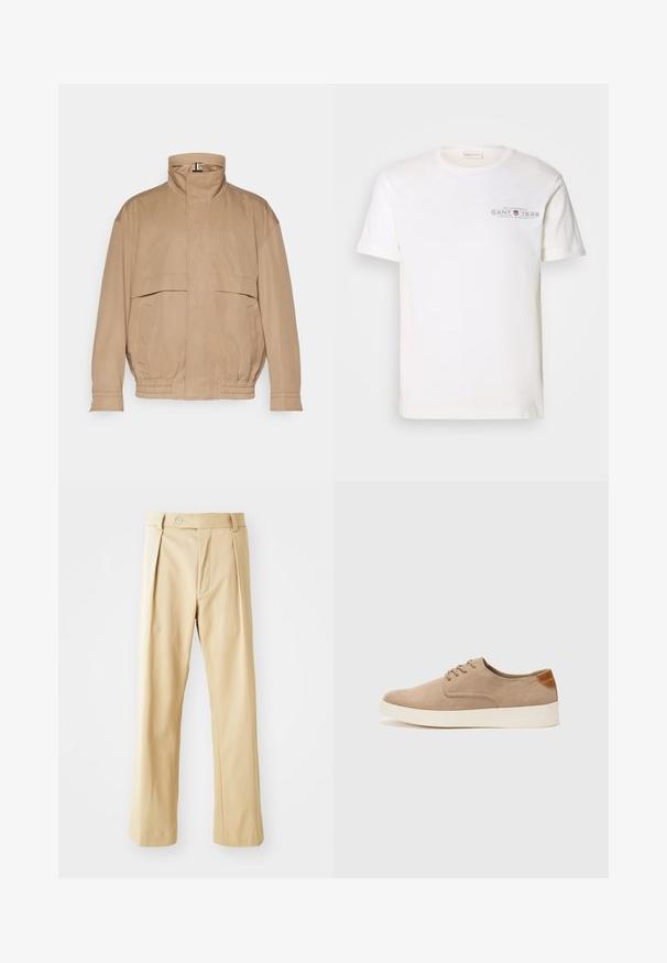 Svetlo rjava, lahka jakna iz mehkega materiala. Ima visok ovratnik, dve sprednji žepi, elastičen rob in detajle na manšetah.; Bela bombažna majica s kratkimi rokavi in okroglim izrezom, s tiskanim logotipom. Ima minimalističen dizajn in udoben kroj.; Bež hlače s ravnim krojem, ki imajo sprednje nabore, gumbasto zapiranje in gladko teksturo. Brez vidnih vzorcev ali dodatkov.; Bež tkanine usnjene superge z zaobljenim nosom, vezalkami na sprednji strani in teksturiranim zadnjim detajlom. Belo gumijasto podplato zagotavlja kontrast. Enostaven in sodoben dizajn.