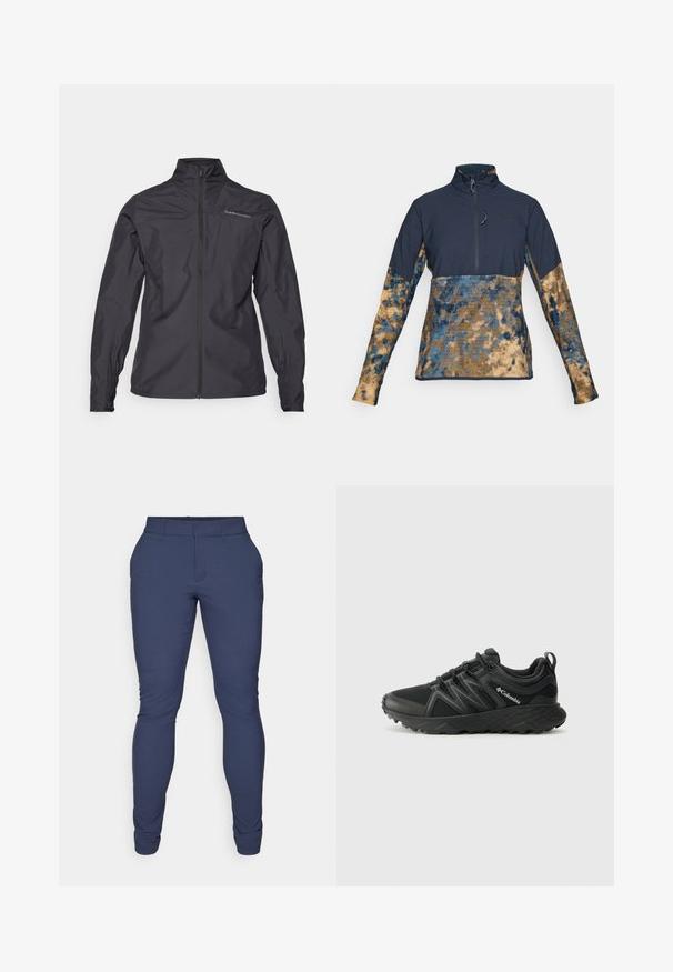 Jaqueta leve preta com um colarinho alto, fecho frontal completo, punhos elásticos e um logótipo na área do peito esquerdo. Textura suave.; Pulôver de fleece com meia zip, com a parte superior e o colar em azul marinho, e um padrão malhado azul e bege nas mangas e na parte inferior do torso.; Calças de marinheiro feitas de um tecido liso e elástico. Apresenta um ajuste slim, frente lisa e aberturas de pernas ajustadas. Sem embellishments visíveis.; Columbia PEAKFREAK - Sapatos de caminhada - black