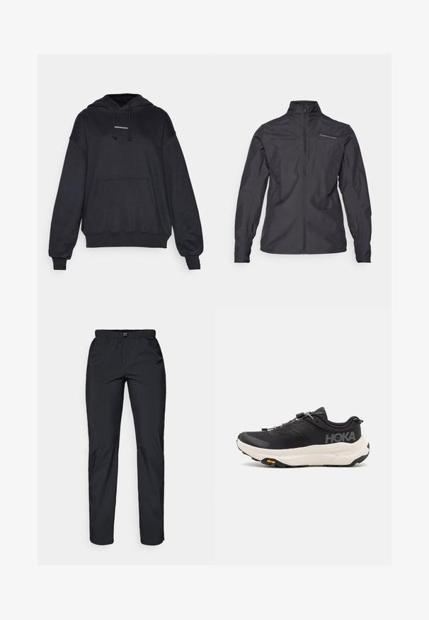 Svart lett jakke med høy krage, hel frontglidelås, elastiske ermer og logo på venstre brystområde. Glatt tekstur.; Svart hettegenser laget av mykt materiale, med hette som har snorer, en frontlomme og ribbet mansjetter og nederkant. Minimalistisk logodetalj.; Svarte, lette, vannavstøtende bukser med elastisk midje og to sidelommer; glatt tekstur; rett ben-design.; Sorte joggesko med et pustende mesh-overdel, gummisåle, hvit dempemellomsåle og reflekterende lisser. Vibram-logo på sålen.