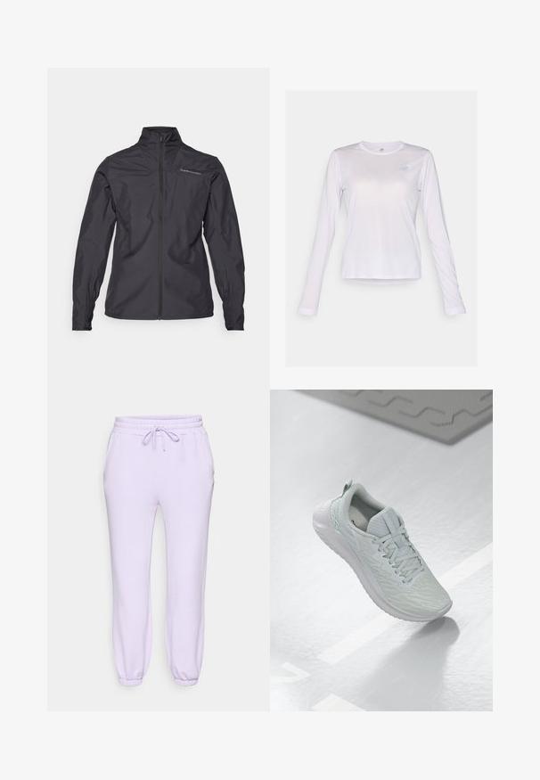Schwarze leichte Jacke mit hohem Kragen, durchgehendem Reißverschluss, elastischen Bündchen und einem Logo auf der linken Brustseite. Glatte Textur.; New Balance ATHLETICS LONG SLEEVE - Langarmshirt - taro heather; Lavendel Sweatpants mit einem elastischen Bund und Kordelzug, Seitentaschen und schmal zulaufenden Bündchen an den Knöcheln. Weicher, glatter Stoff.; Hellgrau Trainingsschuh mit strukturiertem Mesh-Obermaterial, Schnürdesign, gepolsterter Sohle und minimalem Branding.