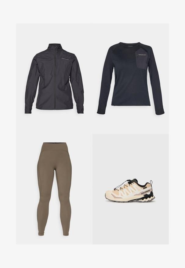 Jaqueta leve preta com um colarinho alto, fecho frontal completo, punhos elásticos e um logótipo na área do peito esquerdo. Textura suave.; Camisa técnica de manga longa em azul marinho escuro, com um corpo texturizado, bolso de tecido contrastante e logótipo Peak Performance no peito.; Leggings castanhos de cintura alta, feitos de um tecido liso e elástico, com costuras reforçadas e um corte justo, ideais para vestuário ativo.; Shoe de trail running da Salomon em bege com acentos pretos, apresentando uma parte superior em malha, sistema de cordões rápidos e sola rugged para tração.