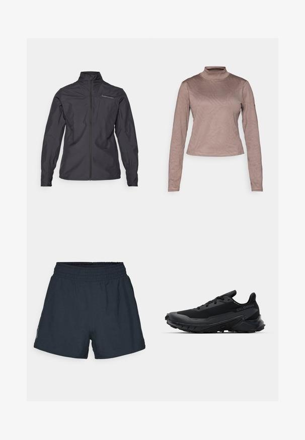 Schwarze leichte Jacke mit hohem Kragen, durchgehendem Reißverschluss, elastischen Bündchen und einem Logo auf der linken Brustseite. Glatte Textur.; Columbia GRANITE POINT™ - Langarmshirt - iron; Dunkelblaue Athletik-Shorts aus leichtem Material. Elastischer Bund, lockere Passform und keine sichtbaren Taschen oder Muster.; Schwarzer Laufschuh mit einer strukturierten Gummisohle, atmungsaktivem Obermaterial und flachen Schnürsenkeln. Verfügt über eine unterstützende Ferse und ein elegantes Design.