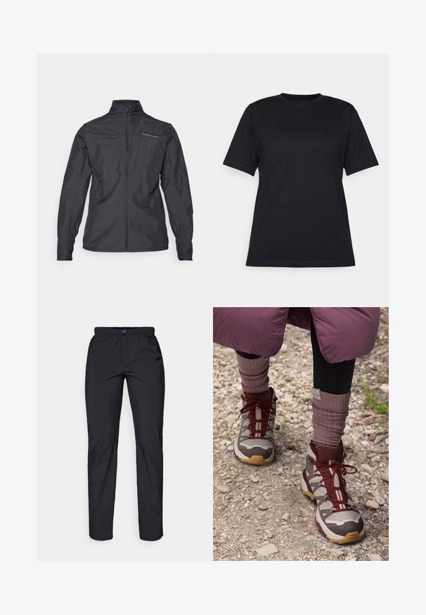 Μαύρο ελαφρύ μπουφάν με ψηλό γιακά, πλήρη μπροστινό φερμουάρ, ελαστικούς καρπούς και λογότυπο στην αριστερή περιοχή του στήθους. Απαλή υφή.; Μαύρο κοντομάνικο μπλουζάκι από λεία βαμβακερή ύφανση, με στρογγυλή λαιμόκοψη και διακριτική ανάγλυφη λεπτομέρεια λογότυπου στην αριστερή πλευρά.; Μαύρο, ελαφρύ, αντιανεμικό παντελόνι με ελαστική μέση και δύο πλαϊνές τσέπες; λείο υλικό; σχέδιο ίσιας γραμμής.; Salomon X ULTRA 360 EDGE MID GTX - Παπούτσια πεζοπορίας - silver cloud/iron/rum raisin