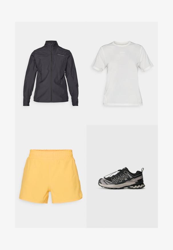Zwarte lichtgewicht jas met een hoge kraag, volledige rits aan de voorkant, elastische manchetten en een logo op de linkerkant van de borst. Soepele textuur.; Witte sportieve T-shirt met korte mouwen van mesh, met ronde hals en klein "Salomon" logo gecentreerd op de borst.; Geel elastische shorts met een gladde textuur, met een relaxte pasvorm en een minimalistisch ontwerp. Geen zakken of versieringen zichtbaar.; Zwart en grijs sportieve schoen met een bovenwerk van mesh, rubberen zool en een elastisch vetersysteem. Heeft een verstevigde neus en textuuraccenten.