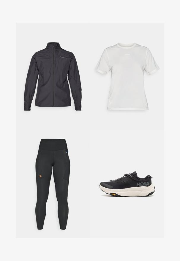 Black lightweight jacket featuring a tall collar, full front zipper, elastic cuffs, and a logo on the left chest area. Smooth texture.; White short-sleeve athletic mesh shirt with crew neck and small "Salomon" logo centered on the chest.; Black leggings made of stretchy material with a high waistband, side pockets, and a small brown logo patch on the left thigh.; Black athletic shoes with a breathable mesh upper, rubber outsole, white cushioning midsole, and reflective laces. Vibram logo on outsole.