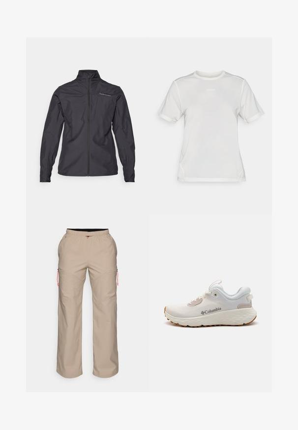 Črna lahka jakna z visokim ovratnikom, polnim sprednjim zadrgo, elastičnimi manšetami in logotipom na levi prsni strani. Gladka tekstura.; Bela kratka majica iz mrežaste tkanine za šport z okroglim izrezom in majhnim logotipom "Salomon" centriranim na prsih.; Peak Performance CARGO PANTS - Hlače za na prostem - avid beige; Lahka športna obutev Columbia v beli mreži z teksturiranim sivim podplatom in gumijastim oprijemom. Ima podloženi ovratnik in vezalni dizajn.