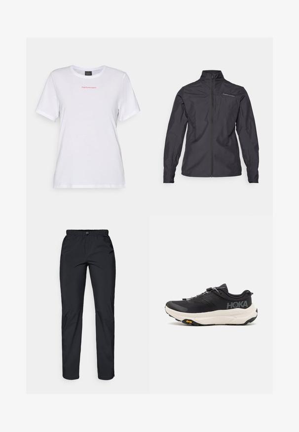 Must fin džakk musta värviga, millel on kõrge krae, täispikad tõmblukud, elastsed mansetid ja logo vasakul rinnal. Sile tekstuur.; Valge puuvillane t-särk lühikeste varrukatega, ümar kaelus ja rinnal väike punane "PeakPerformance" logo. Pehme tekstuur, lihtne disain.; Must töötlusteid, mustad, kergekaalulised, veekindlad püksid elastse vöökohtaga ja kahe küljetaskuga; sile tekstuur; sirge jala disain.; Mustad mustadused spordijalatsid, millel on hingav võrkkangast pealmine osa, kummist välistald, valge pehmendusega vaheosa ja peegeldavad nöörid. Vibrami logo välistalla peal.