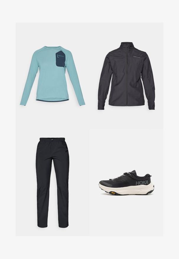 Jachetă ușoară neagră cu un guler înalt, fermoar pe toată lungimea frontală, manșete elastice și un logo pe partea stângă a pieptului. Textură netedă.; Cămașă cu mânecă lungă dintr-un material texturat de culoare albastru deschis. Dispune de un buzunar bleumarin cu branding. De asemenea, are un guler rotund și un design cu margine curbă.; Pantaloni negri, ușori, rezistenți la apă, cu un talie elastică și două buzunare laterale; textură netedă; design cu picior drept.; Pantofi sport negri cu un superior din plasă respirabilă, talpă din cauciuc, mijloc de amortizare albă și șireturi reflective. Logo-ul Vibram pe talpă.