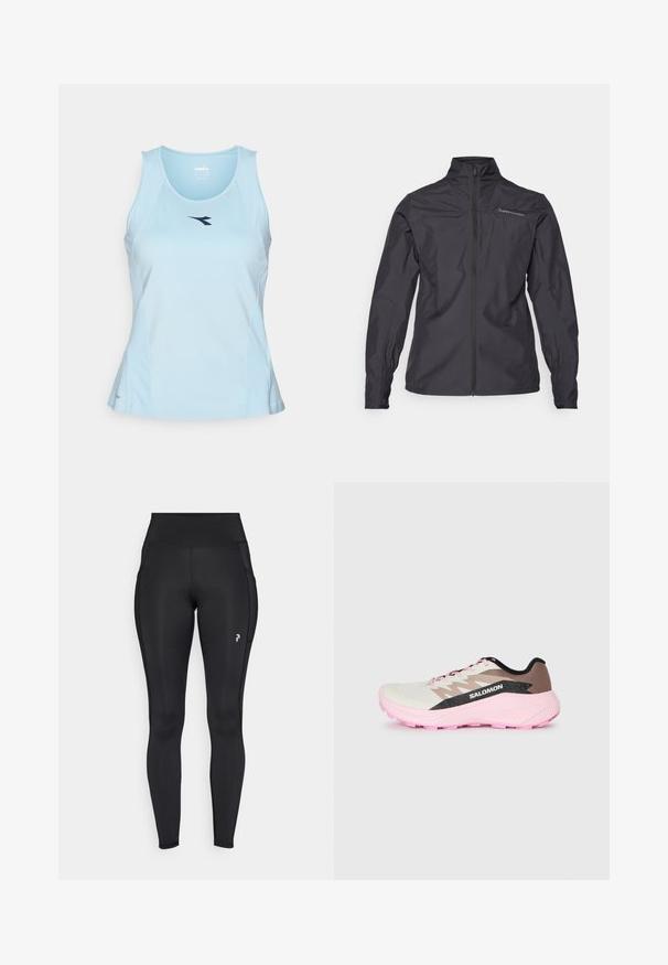 Crna lagana jakna s visokim ovratnikom, punim prednjim patentnim zatvaračem, elastičnim manžetama i logotipom na lijevoj strani prsnog područja. Glatka tekstura.; Svijetloplavi atletski top od glatkog materijala, s zaobljenim izrezom i tamnoplavim logotipom na prsima.; Crne tajice pune dužine od rastezljivog materijala, s visokim strukom, bočnim džepovima i malim логом na lijevom bedro.; Lagani trkaći tenisice u bijeloj, smeđoj i ružičastoj boji. Imaju prozračnu gornjište, teksturalne sivo naglaske i ružičasti gumeni potplat.